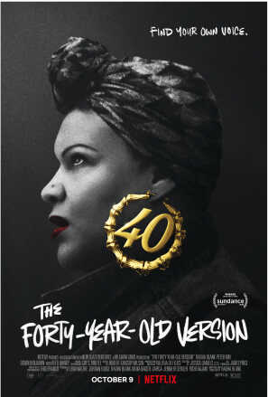 Poster: Profile shot of woman with headscarf and a huge earring that says 40