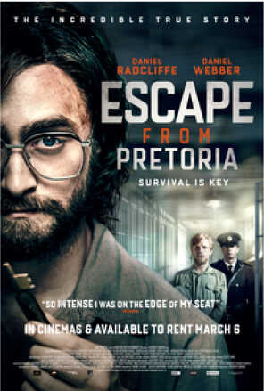 Poster: Daniel Radcliffe with a beard and glasses in front of prison guards
