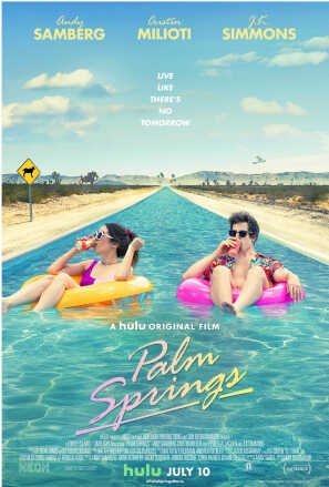 Poster: Woman and man floating in an endless pool in the desert