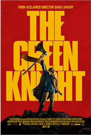 Poster: Knight raising his axe in front of a red background