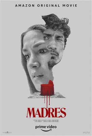 Poster: Floating, cropped heads of main cast and a red house
